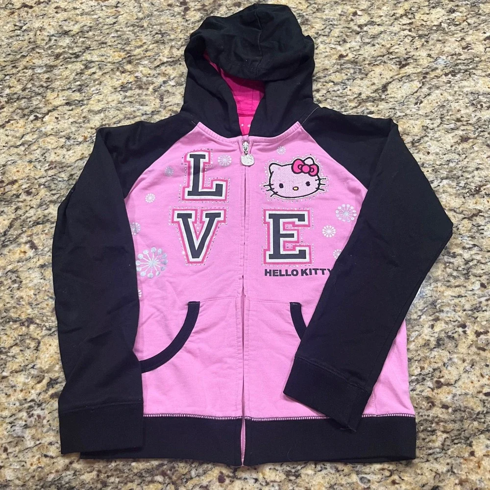 Hello Kitty Girls Pink Black Love Sequin Zip Up Hoodie Sweatshirt Size L Y2K